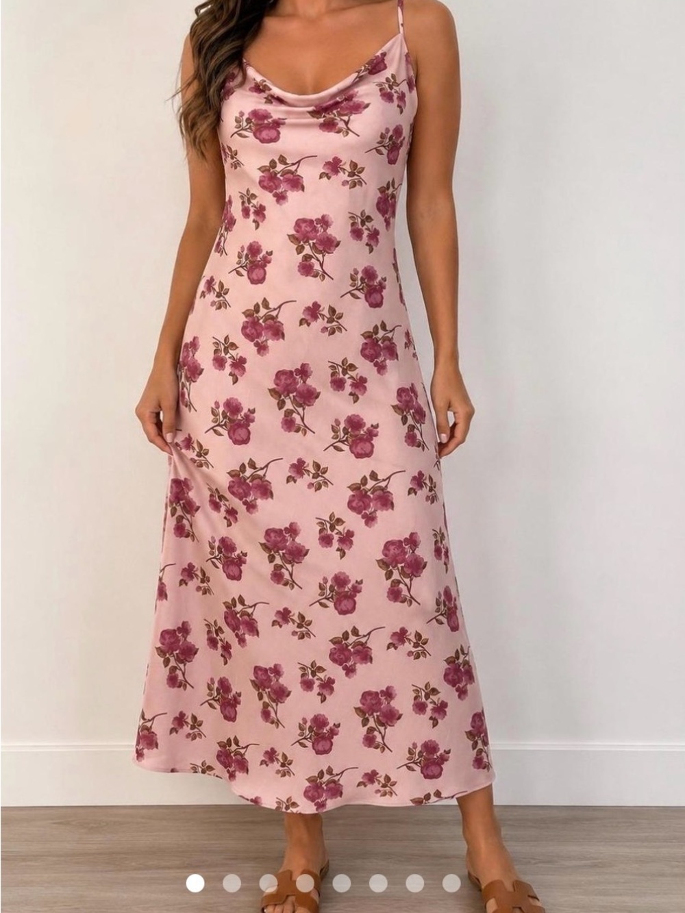 Francesca's Collections Pink Floral Cowl-Neck Midi Slip Dress